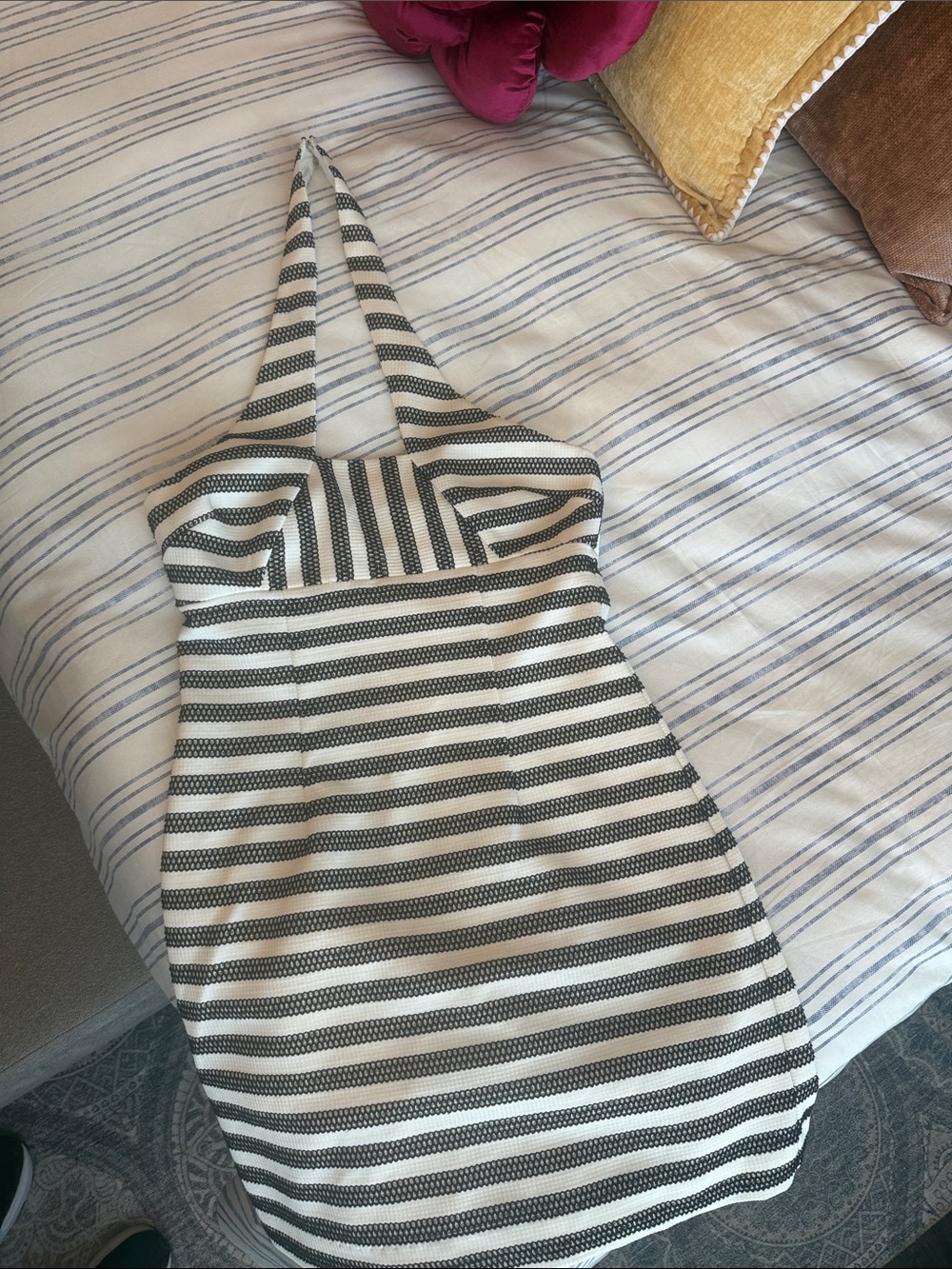 Trina Turk Black and White Striped Halter Mini Dress
